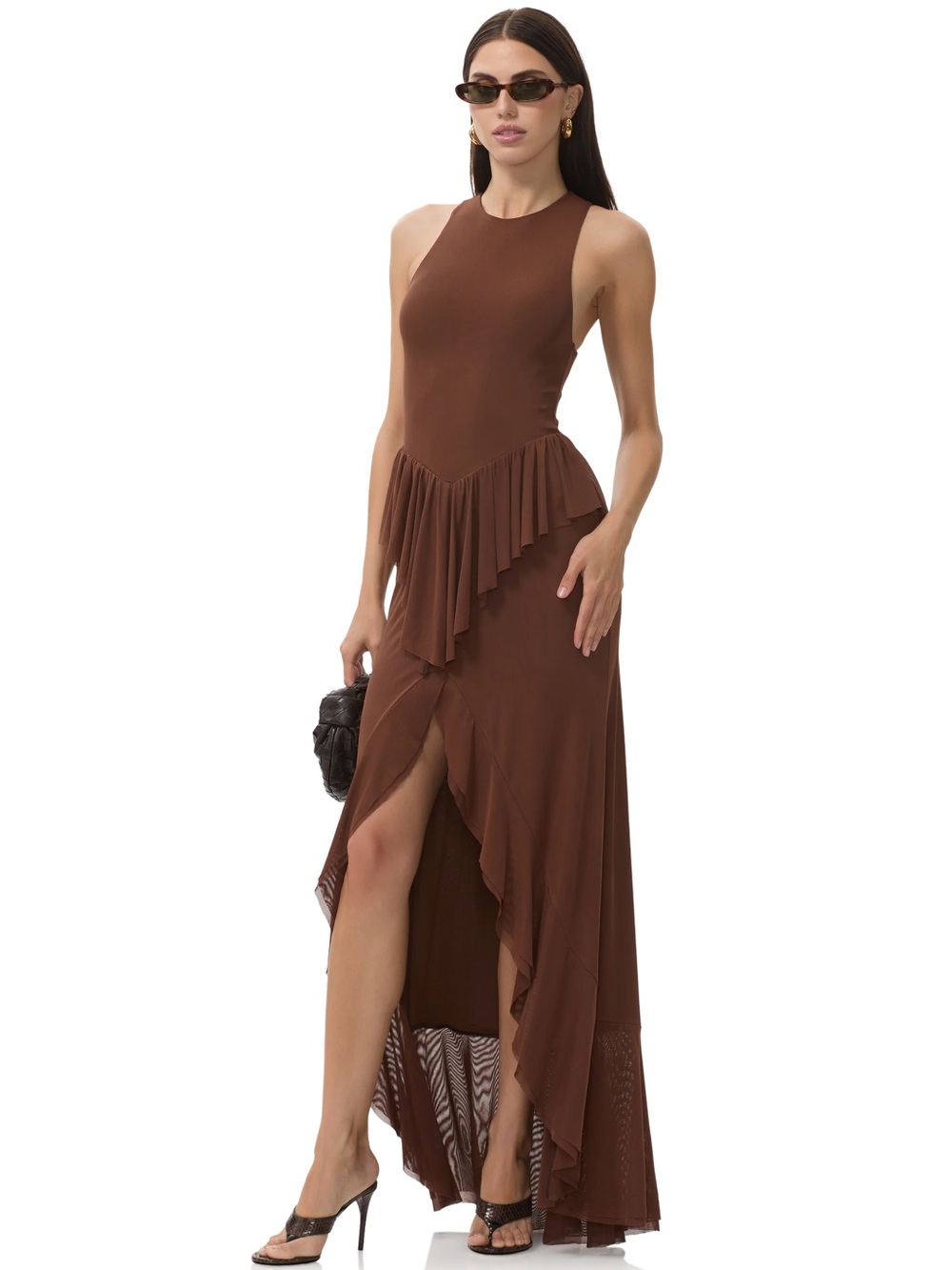 AFRM Brown High-Low Ruffle Maxi Dress
